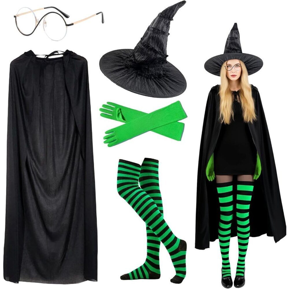 Halloween Witch Costume Accessories Set Hat Cape Glasses Gloves Socks Women